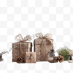 圣诞装饰，木桌上有礼品盒和乡村