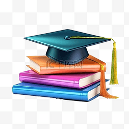 3d 插图彩色毕业帽子和书