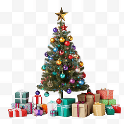 圣诞树松果图片_带星星和各种彩色礼物的小圣诞树