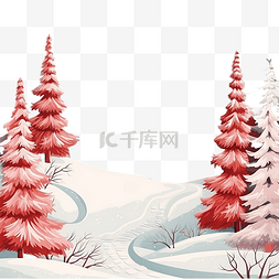 冬季场景，雪山上有红房子树和圣