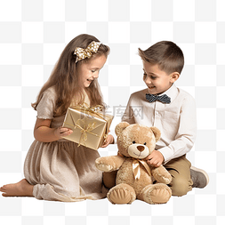开心的小姐姐图片_带泰迪熊的小男孩给妹妹送圣诞礼