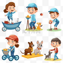 家庭与宠物动物和狗卡通玩耍的引
