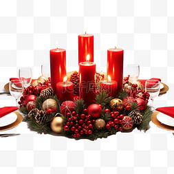 大餐桌图片_圣诞花环，桌上放着彩色大蜡烛，