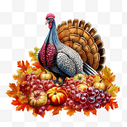 感恩节快乐，火鸡和收获作物矢量