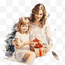 圣诞节早上，母亲和孩子在圣诞树