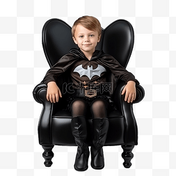 坐椅子上儿童图片_一个穿着蝙蝠服装的男孩坐在黑色