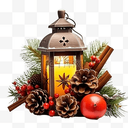 圣诞灯笼与橙苹果肉桂松枝和浆果