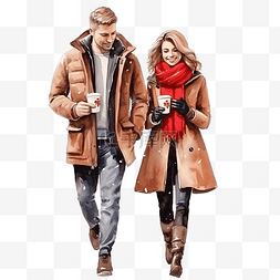 冬天，城市里散步的恩爱夫妻喝咖