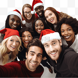 人在树上图片_戴着圣诞老人帽子的快乐的多民族