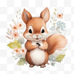 春天花卉水彩与可爱的松鼠动物