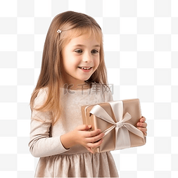 一个穿着裙子拿着礼品盒的小女孩