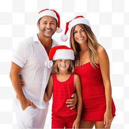 红色家庭图片_热带海滩上戴着红色圣诞帽的幸福