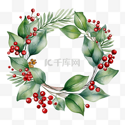 水彩节日圣诞花环与冬青和桉树