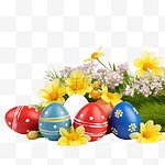新鲜绿色田野上的复活节装饰，配有鸡蛋和鲜花