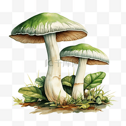 手绘菌菇图片_绿色开裂红菇水彩插图