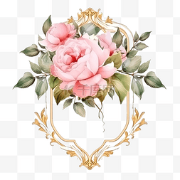 水彩粉色英国玫瑰花束带金框