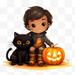 小男孩和黑猫提着南瓜灯笼
