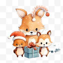 卡通的狐狸图片_圣诞快乐庆祝可爱的狐狸鹿兔子树