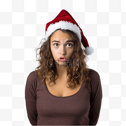 没有物品图片_戴着圣诞帽的女孩在没有聚焦的墙