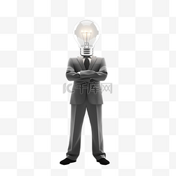 商人站立和灯泡在白色背景上的 3D