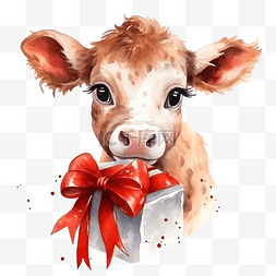 圣诞节可爱的牛，带有水彩插图