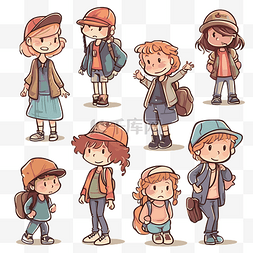 卡通小孩穿着不同的校服和不同种