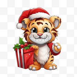 可爱的老虎在捆绑袋中携带圣诞礼
