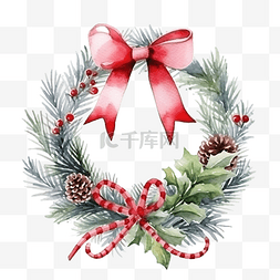 圣诞水彩花环框架与冷杉树枝和红