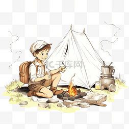 帐篷摆摊图片_小童子军在露营帐篷附近的篝火上