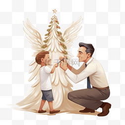快乐的父亲帮助儿子把天使放在圣