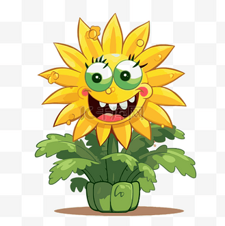 奖杯剪贴画卡通黄色太阳植物,有大眼睛和绿叶 向量