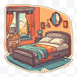 卡通风格的卧室配有一张床 向量