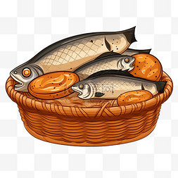 面包和鱼图片_篮子里的五个面包和两条鱼插画