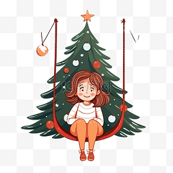 美丽的女孩在圣诞秋千圣诞树上放