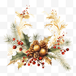 圣诞松叶装饰素材图片_用松叶和浆果装饰的圣诞快乐金色