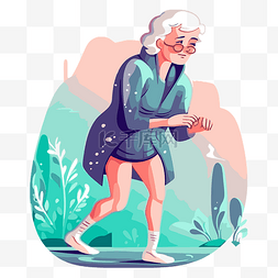 一位老年妇女走过林地植被的关节