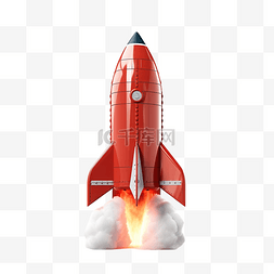 3d 红色白色太空船或火箭发射在烟