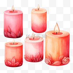 一套水彩彩色蜡烛剪贴画粉色和橙