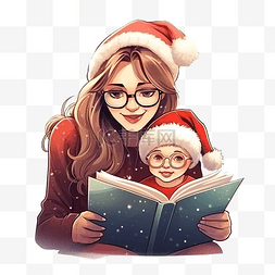 父母孩子看书图片_圣诞节前夕，妈妈带着幼儿看书