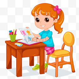 在桌子上画画图片_课堂作业剪贴画卡通可爱女孩在桌