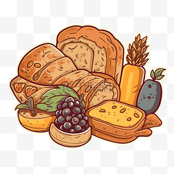 面包小图片_卡通面包和水果彩色手绘插画 向