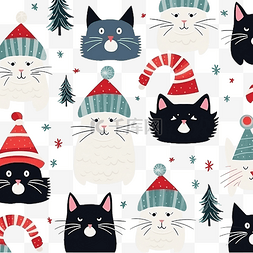 圣诞节无缝背景图片_圣诞无缝图案新年可爱的动物猫在