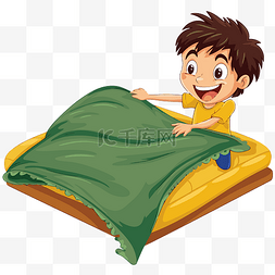 卡通盖毯子图片_扔剪贴画男孩用毯子盖住床矢量卡