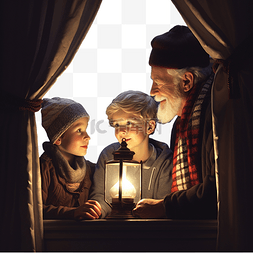 祖父母和孙子在平安夜望着窗户