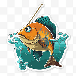 卡通竿图片_贴纸显示一条鱼和一根钓鱼竿 向