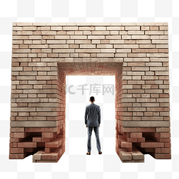 门口展板图片_无出路商业概念砖墙挡住门口商人