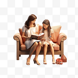 爱夏天图片_3d 渲染母女一起读书插图