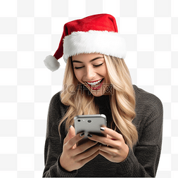手机与科技图片_庆祝圣诞假期的女孩用手机与某人