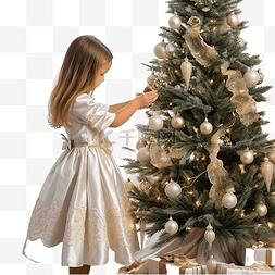 令人惊叹的小女孩正在装饰圣诞树