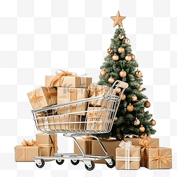 圣诞車图片_带有购物车和礼品盒的圣诞组合物